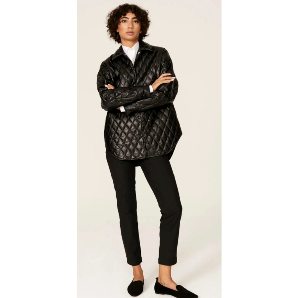 🆕️Theory Down Quilted Faux Leather Shirt Jacket Black Quiet Luxury Medium